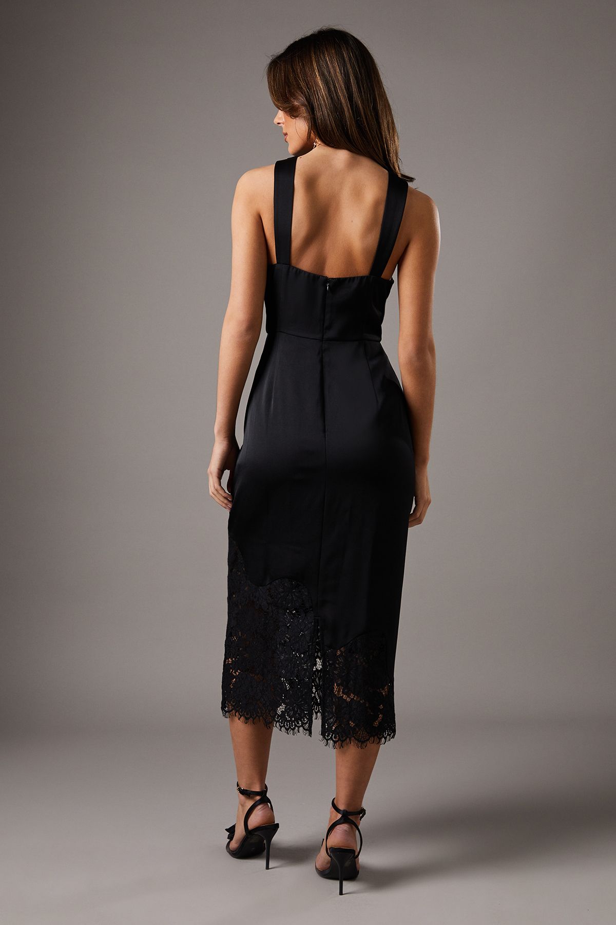 Coast Lace Hem Cross Front Halter Satin Dress Black image 4