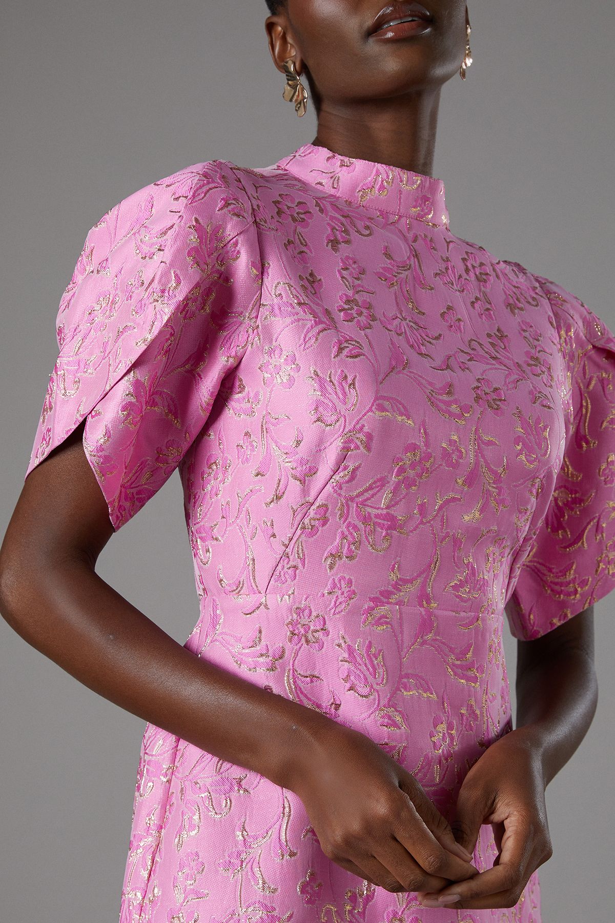 Coast Metallic Puff Sleeve Jacquard Mini Dress Bright Pink image 5