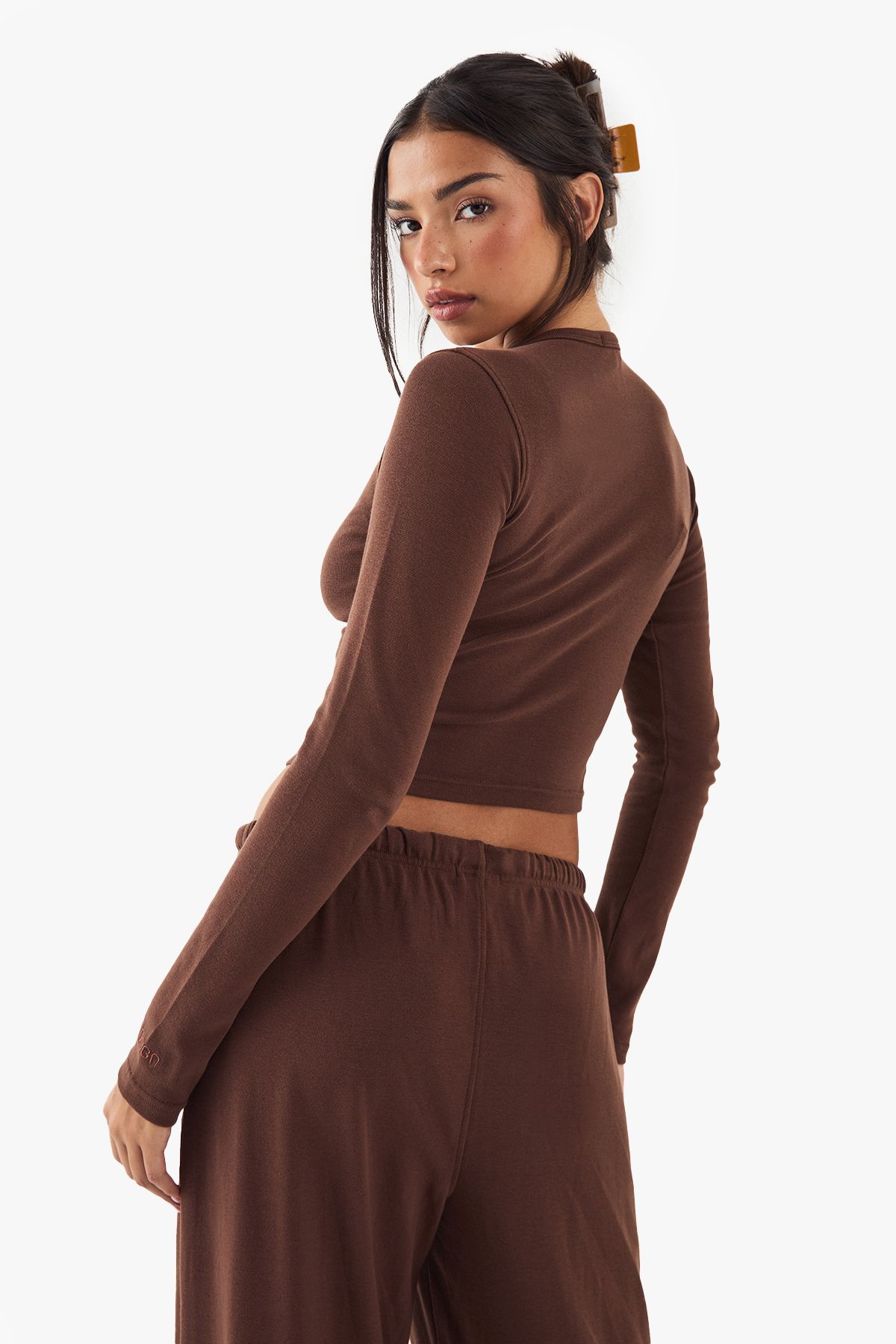 DSGN Studio DSGN Studio Button Detail Embroidered Long Sleeve Top Chocolate image 2