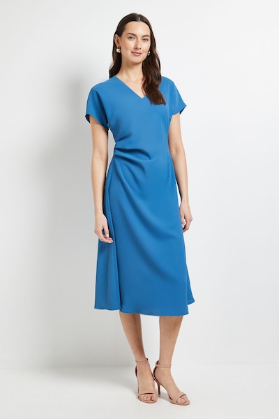 Principles Pleated Waist V Neck Midi Dress Denim-blue