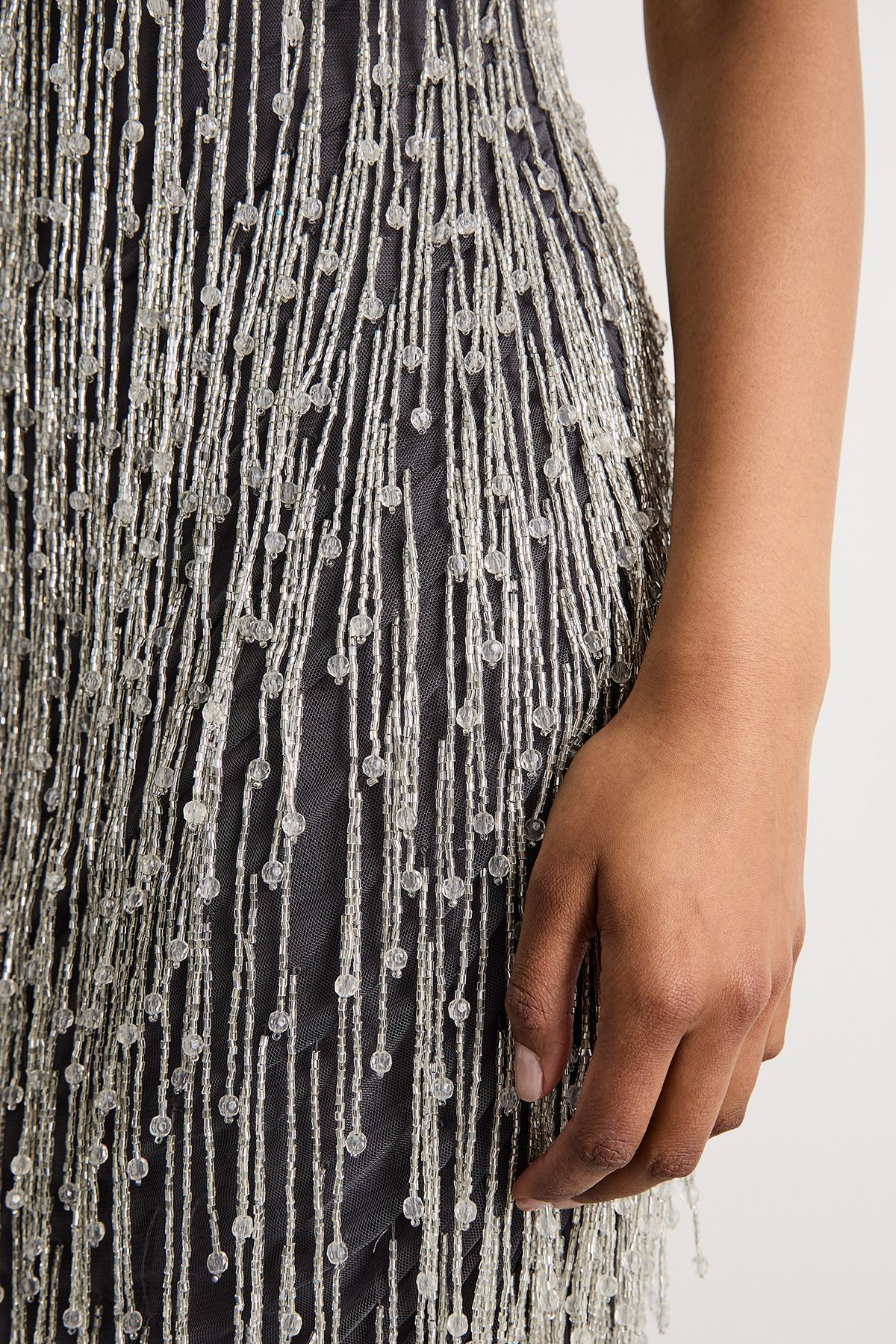 Warehouse Hand Embellished Sequin Tassel Midi Dress Gun Metal image 4