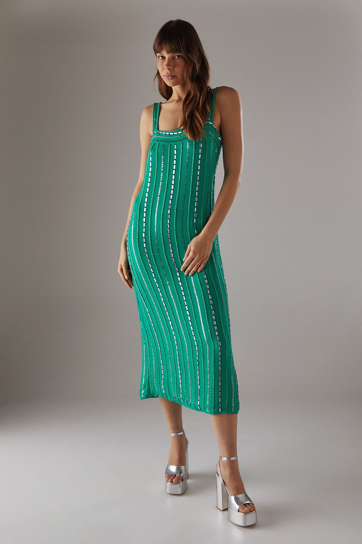 Warehouse Hand Embellished Sequin Square Neck Strappy Midi Dress Green image 1