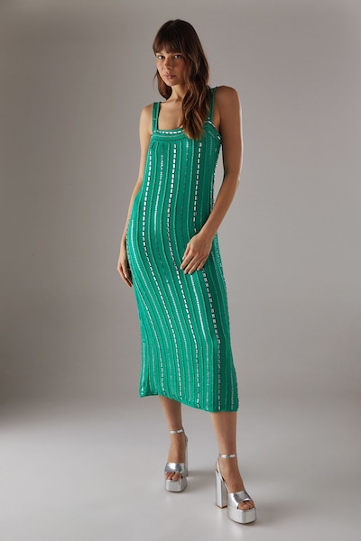 Warehouse Hand Embellished Sequin Square Neck Strappy Midi Dress Green