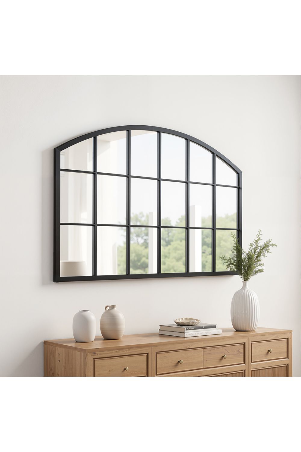 Living and Home Modern Black Metal Arched Grid Decor Window Mirror, 110cm W x 70cm H image 2