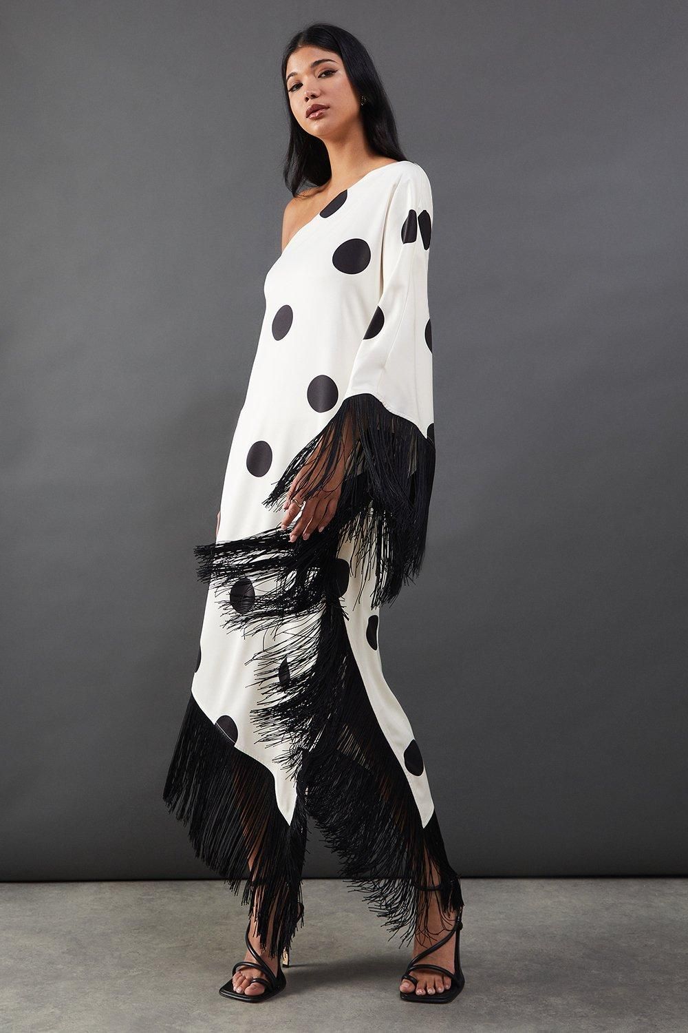 Warehouse Premium Fringe Trim One Shoulder Midi Dress Ivory image 1