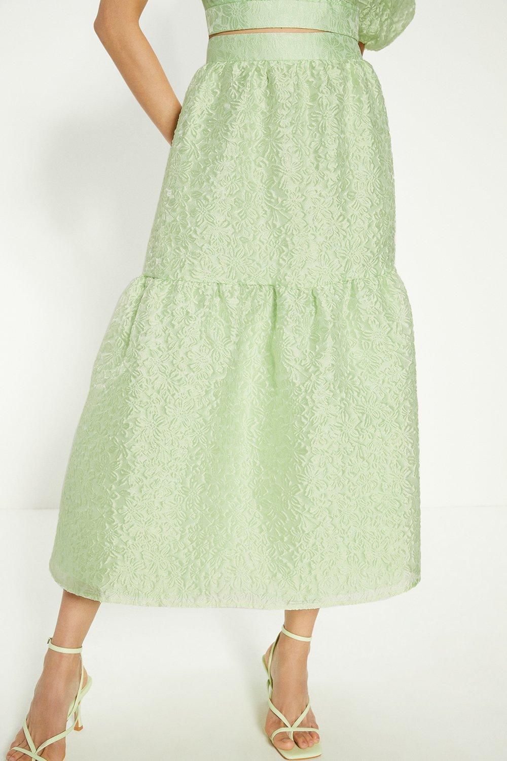 Oasis Jacquard Tiered Midi Skirt Green image 2