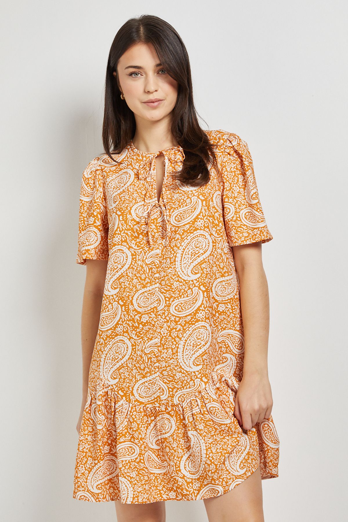 Dorothy Perkins Paisley Tie Detail Drop Hem Printed Mini Dress Orange