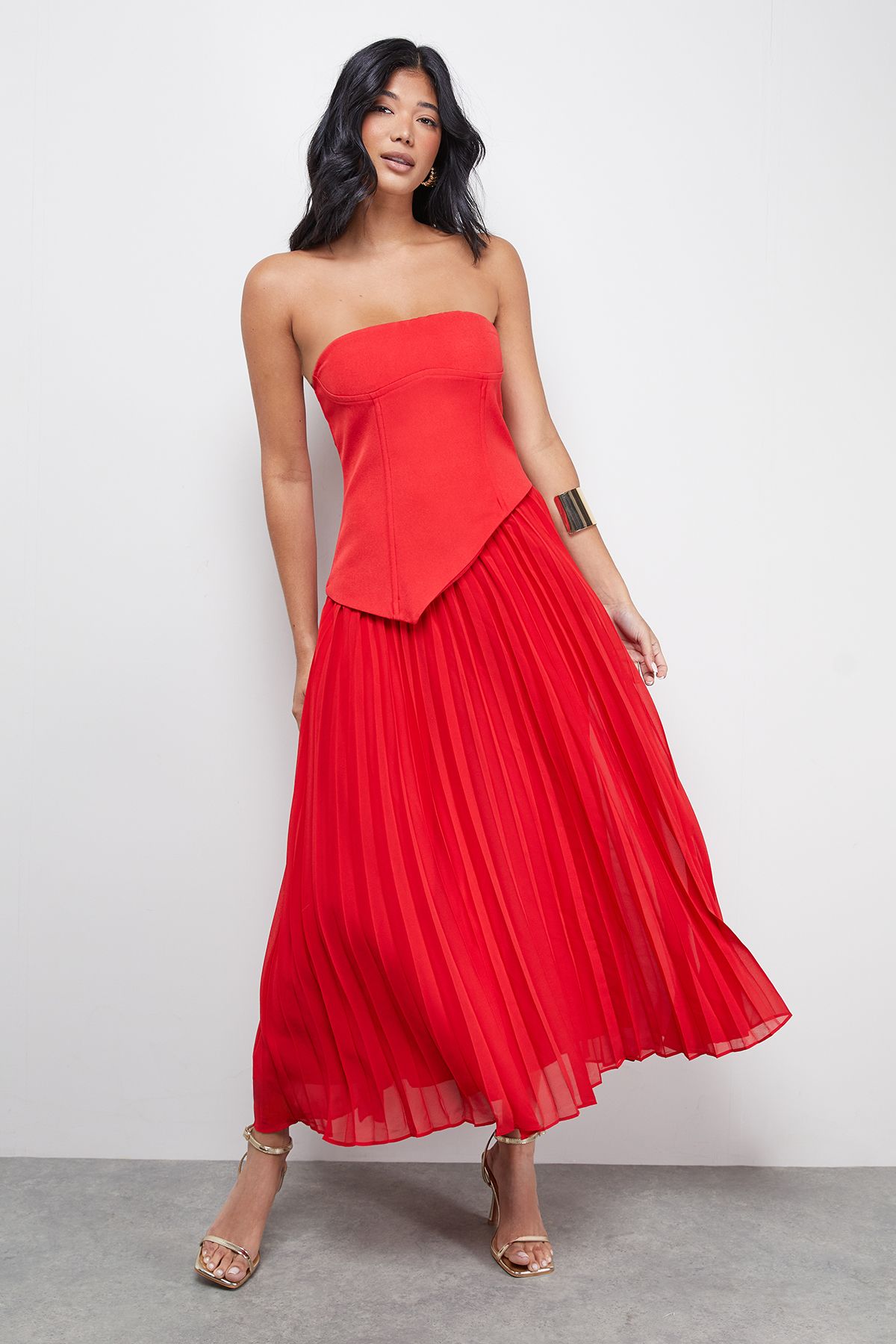 Warehouse Bandeau Bodice Pleated Chiffon Midi Dress Red image 1