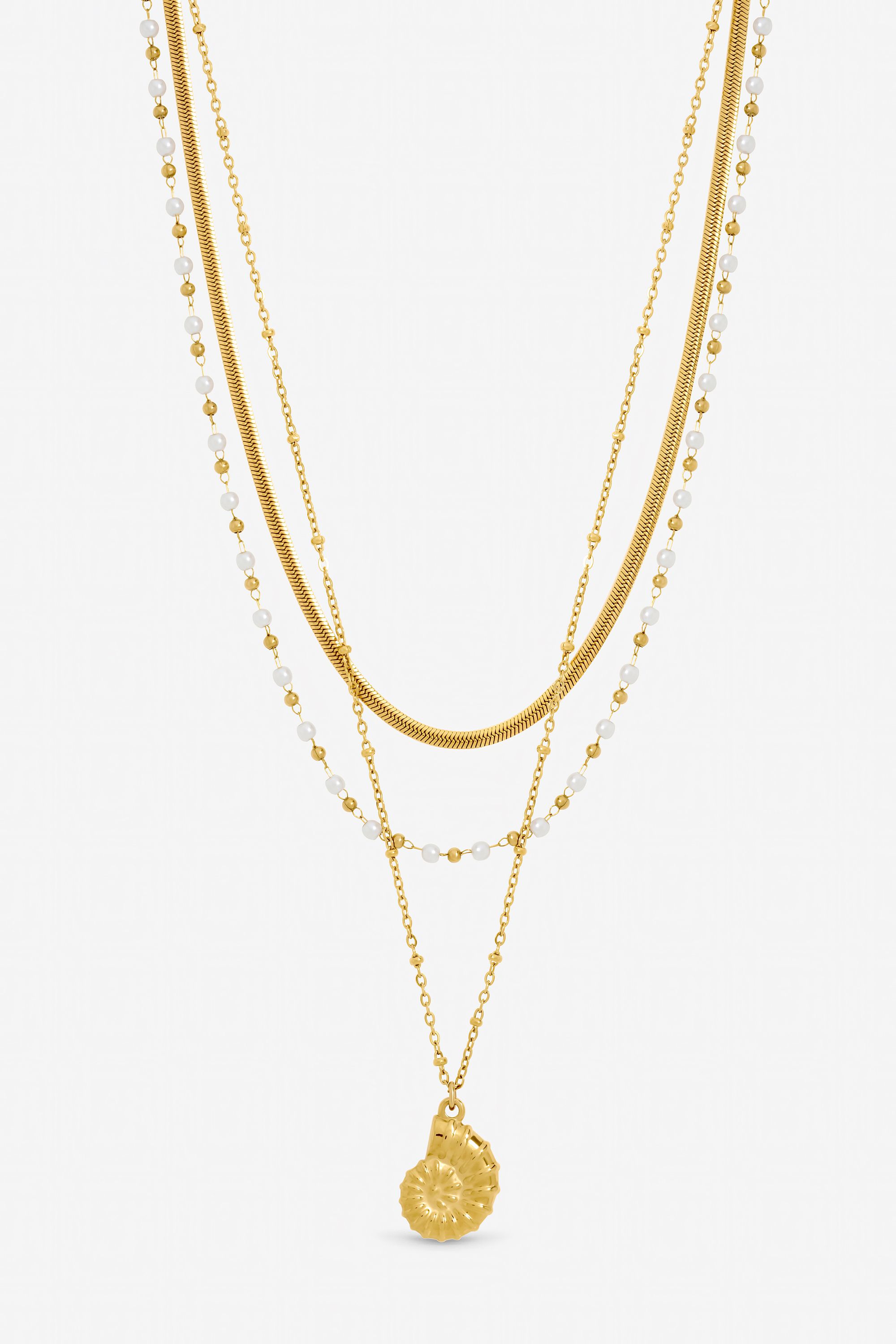 Jon Richard Gold Plated Waterproof Shell and Pearl Triple Row Necklace