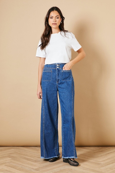 Oasis Denim Seamed Patch Pocket Wide Leg Jean Mid Wash