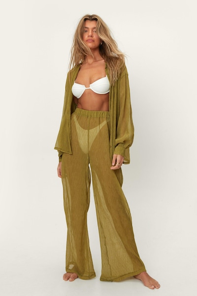 NastyGal Plisse Wide Leg Beach Pants Khaki