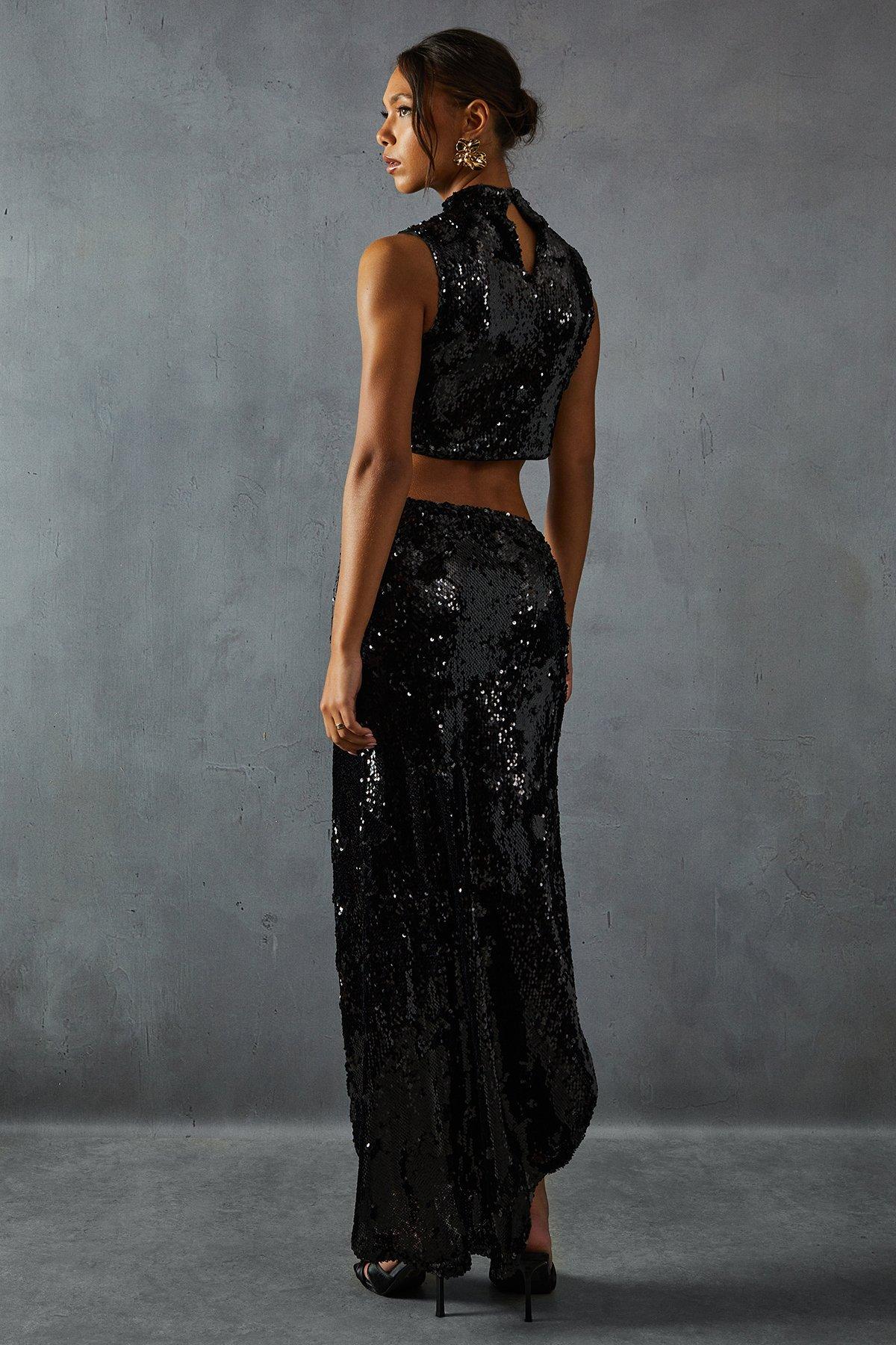 MissPap Sequin Top & Split Leg Maxi Skirt Co Ord Black image 3