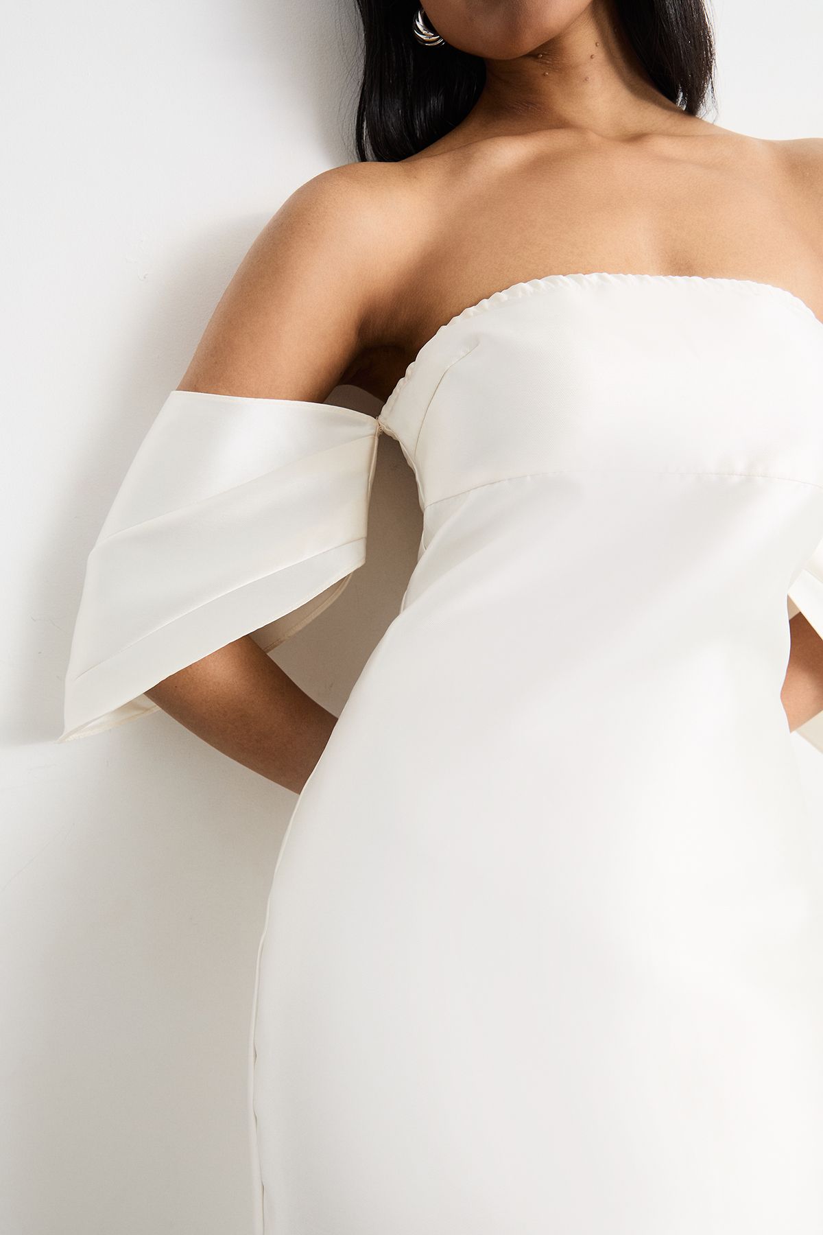 Warehouse Structured Puff Sleeve Bardot Midi Dress Ivory image 4