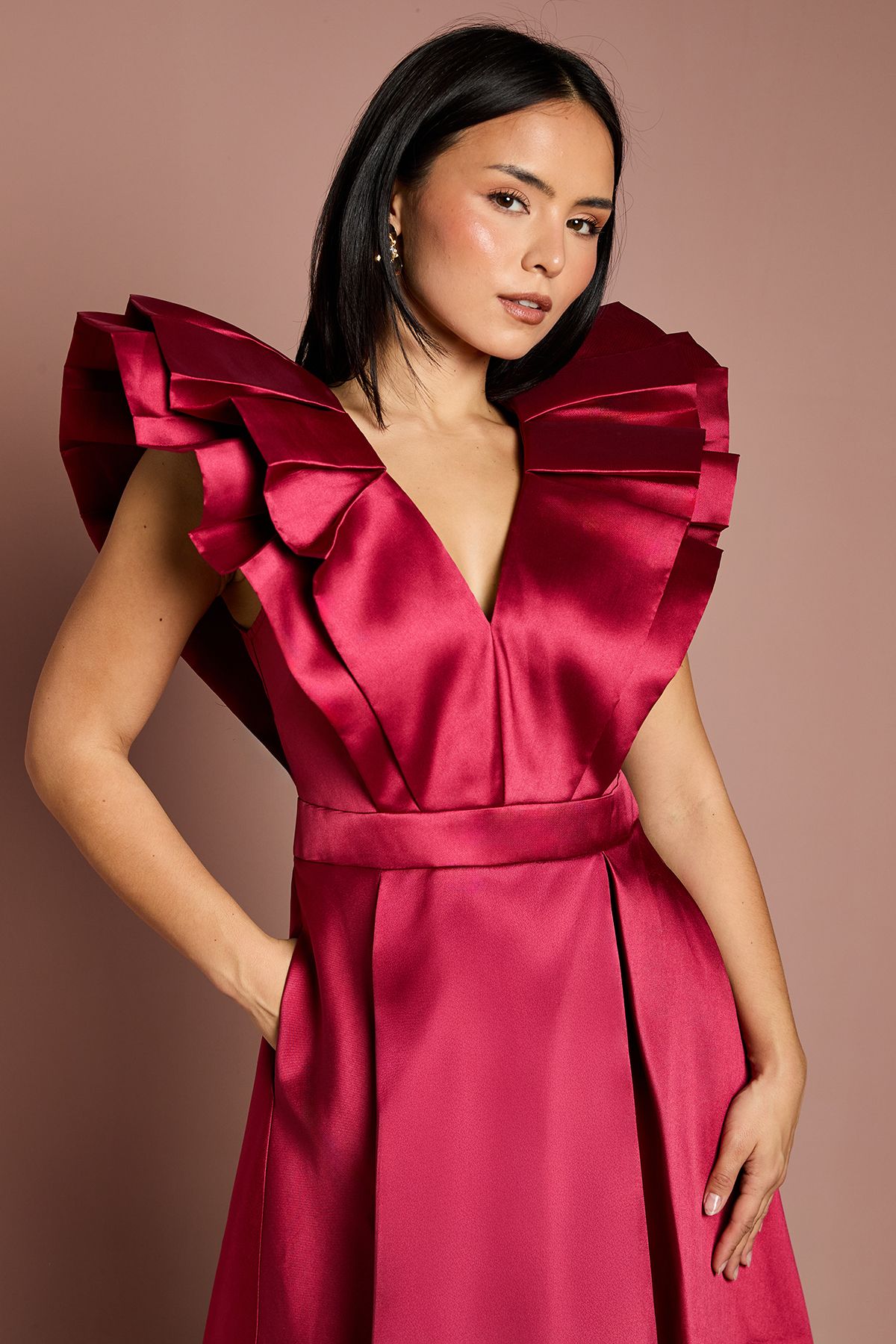 Coast Petite Frill Sleeve V Neck Midi Dress Red image 2