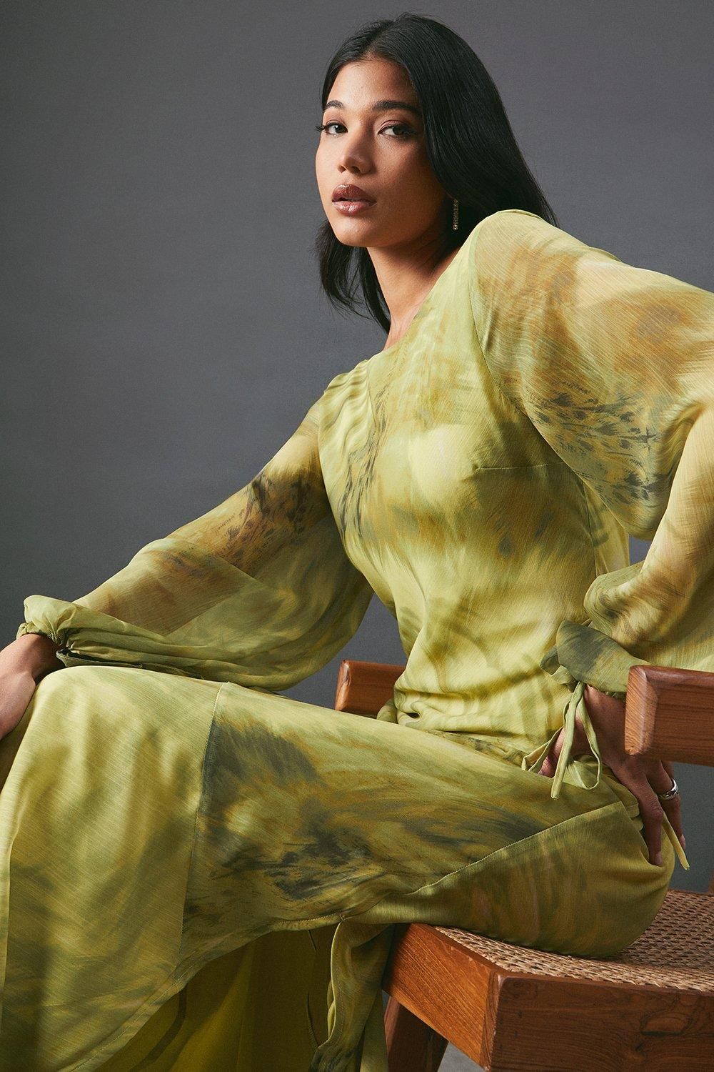 Warehouse Chiffon Feather Print Volume Sleeve Maxi Dress Chartreuse image 2