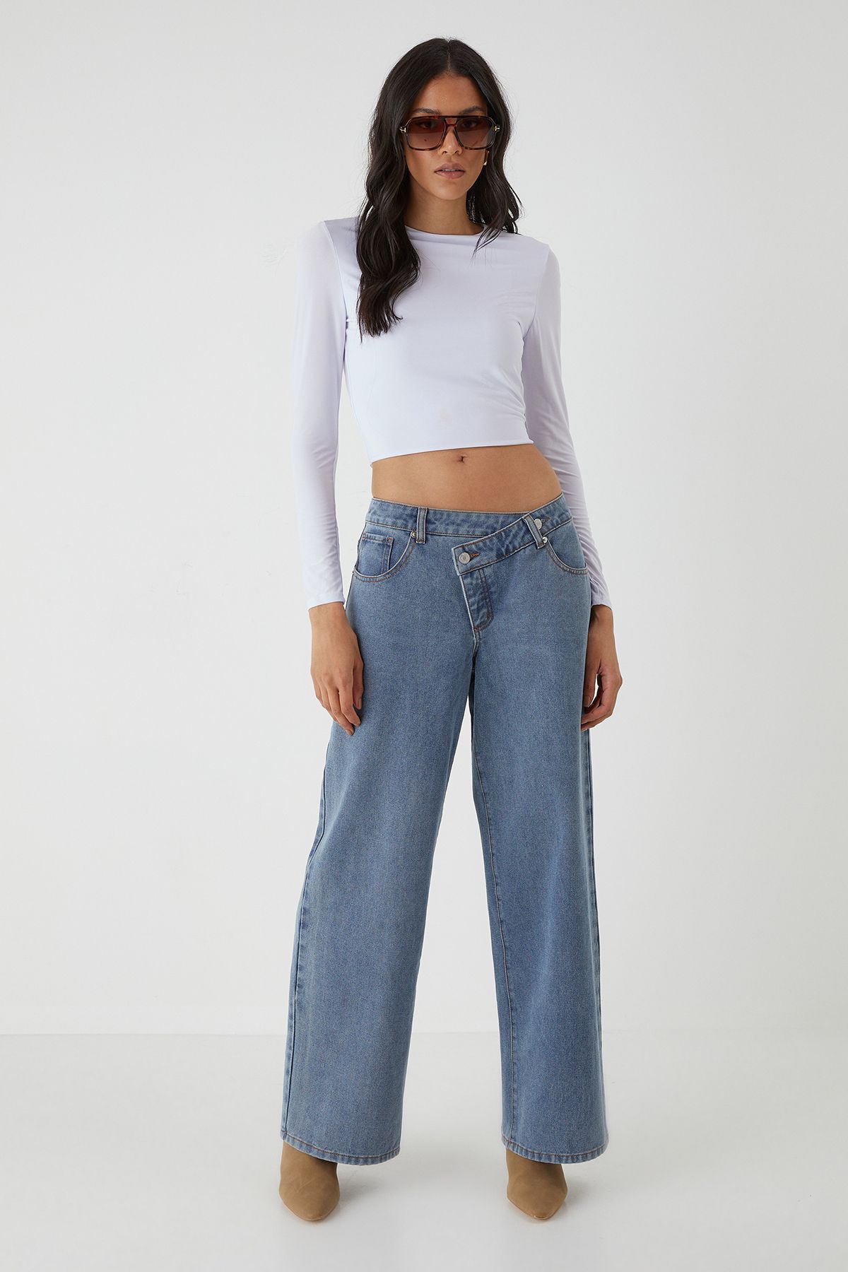 MissPap Asymmetric Wide Leg Washed Denim Jeans Mid Wash image 3