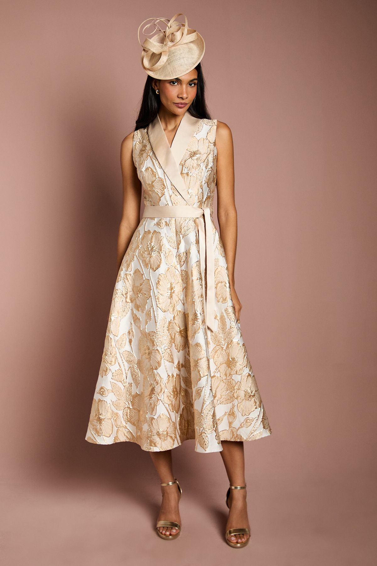 Coast Sleeveless Tux Jacquard Fit And Flare Midi Dress Champagne