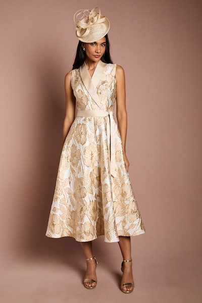 Coast Sleeveless Tux Jacquard Fit And Flare Midi Dress Champagne