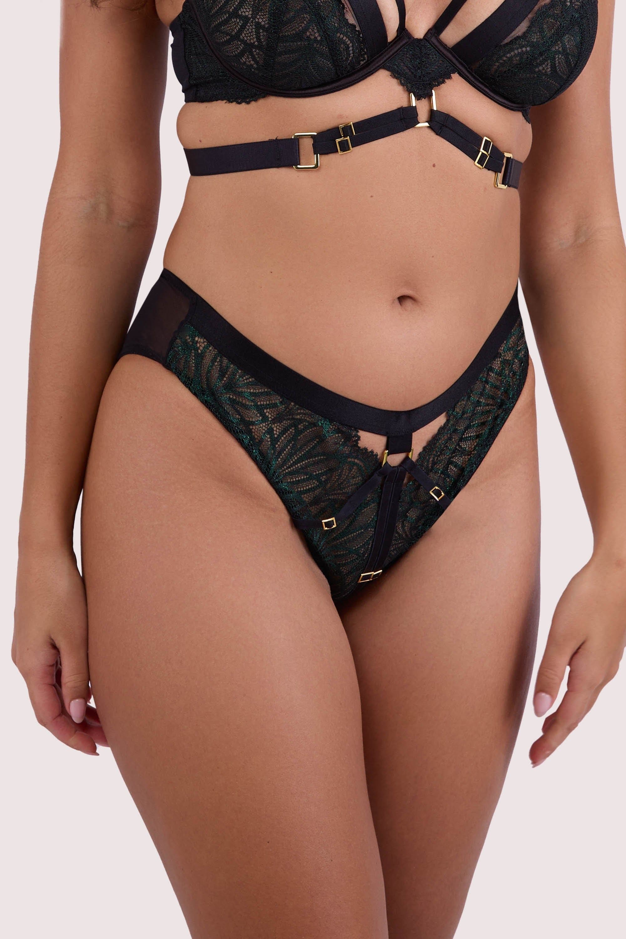 Playful Promises Tabitha Dark Green Wet-Look Lace 'High Waist Brief' image 1