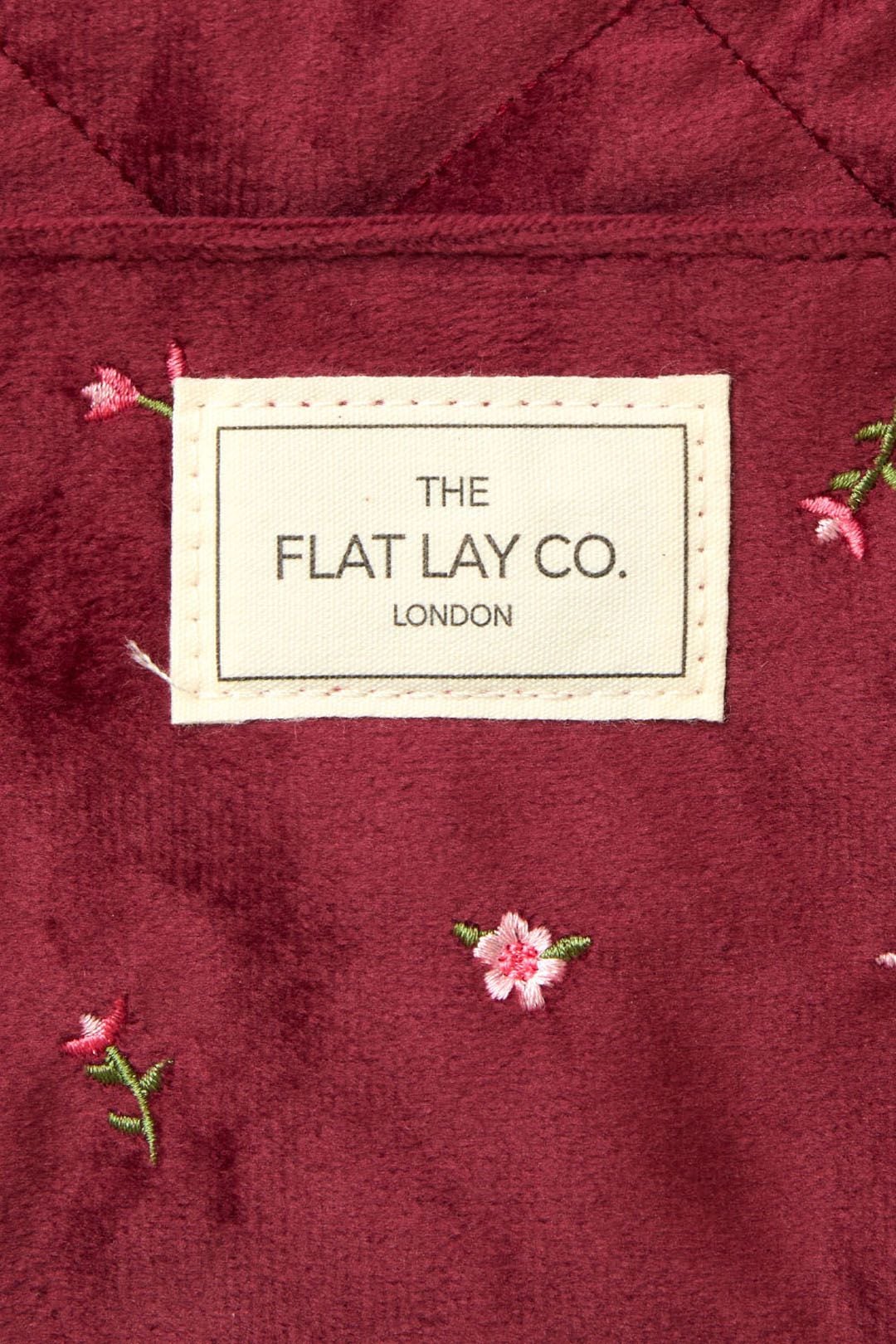 The Flat Lay Co Drawstring Makeup Bag - Ditsy Roses & Flowers Burgundy Embroidered Velvet Multi image 8