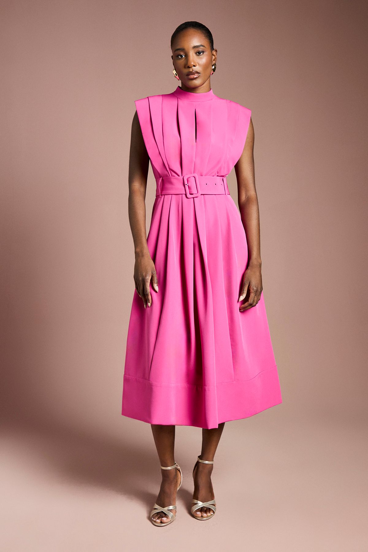 Coast Colour Block Belted Pleat Detail Midi Dress Magenta