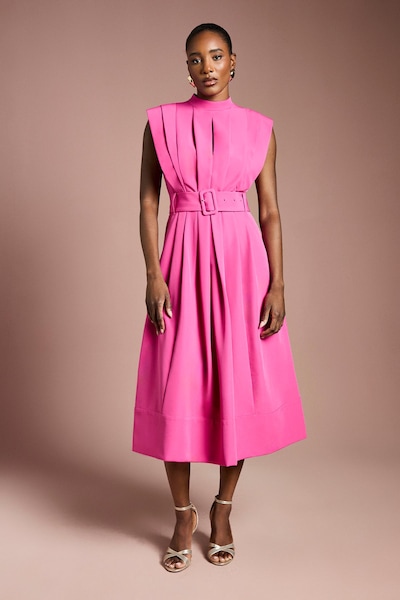 Coast Colour Block Belted Pleat Detail Midi Dress Magenta