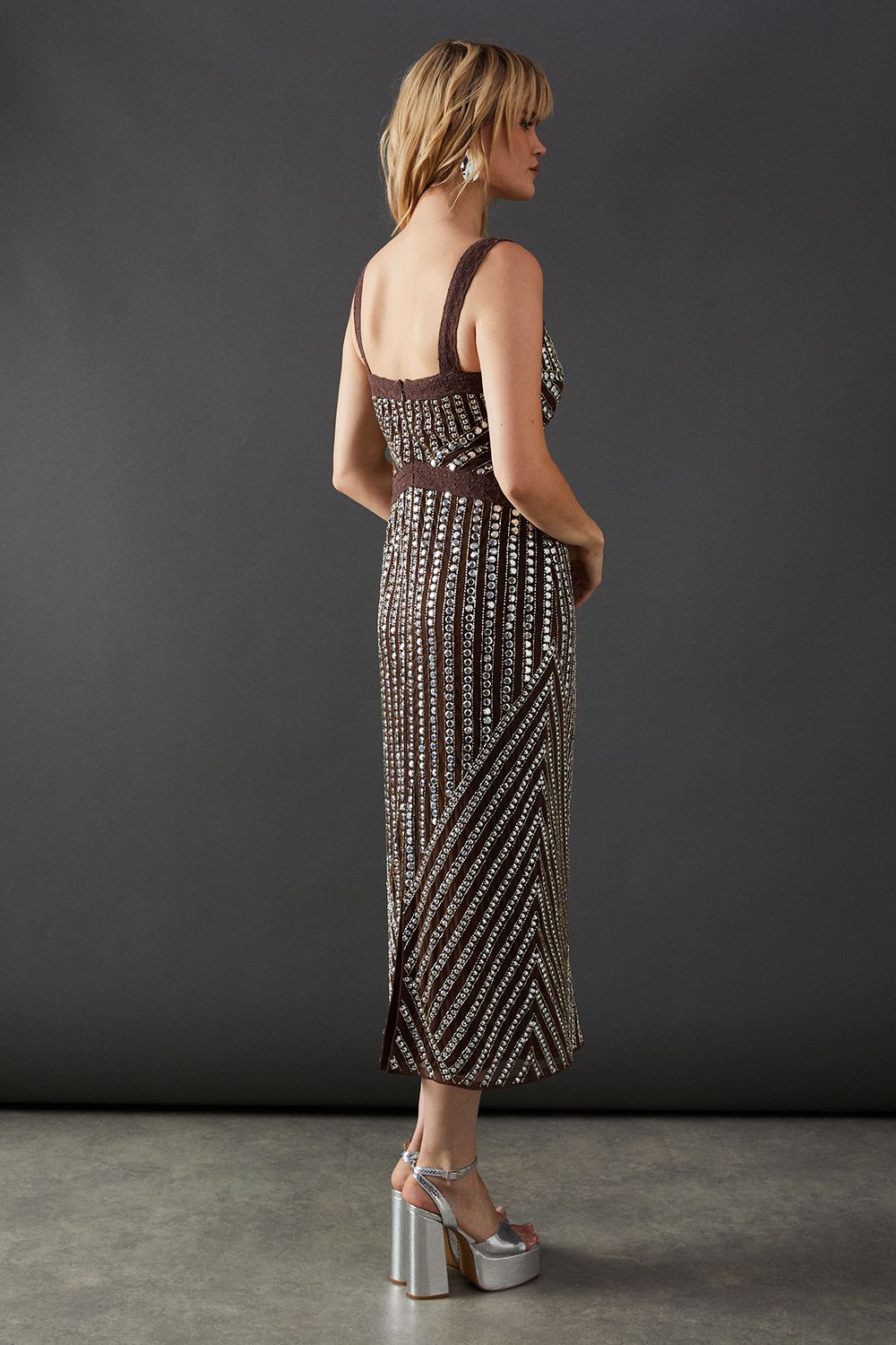 Warehouse Premium Stud Embellishment Midi Slip Dress Chocolate image 3