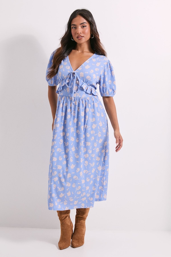 Dorothy Perkins Petite Blue Ditsy Tie Front Detail Midi Dress Blue