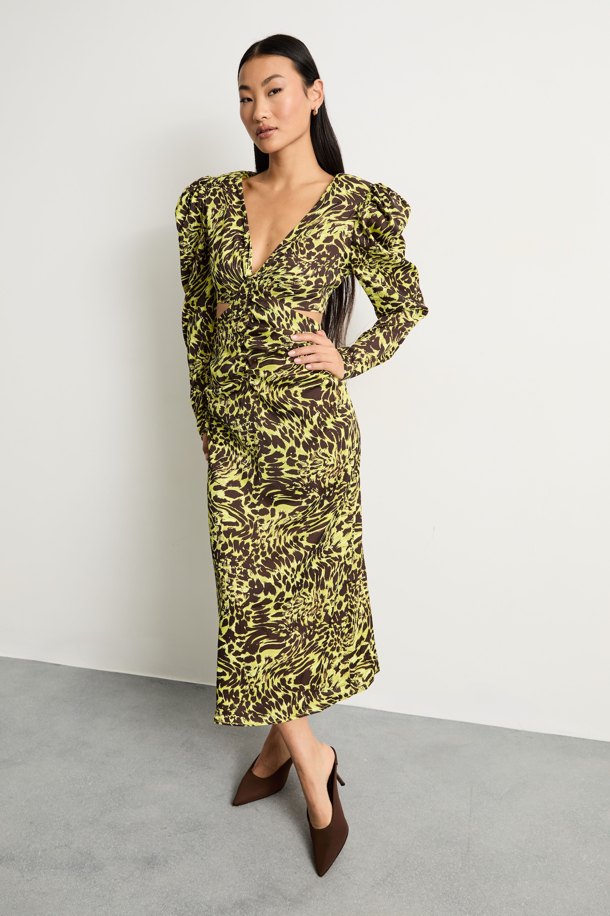 Warehouse Petite Satin Cut Out Waist Plunge Neck Midi Dress Lime