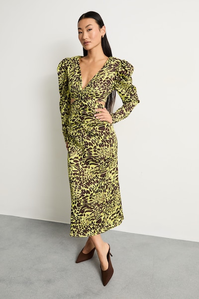 Warehouse Petite Satin Cut Out Waist Plunge Neck Midi Dress Lime