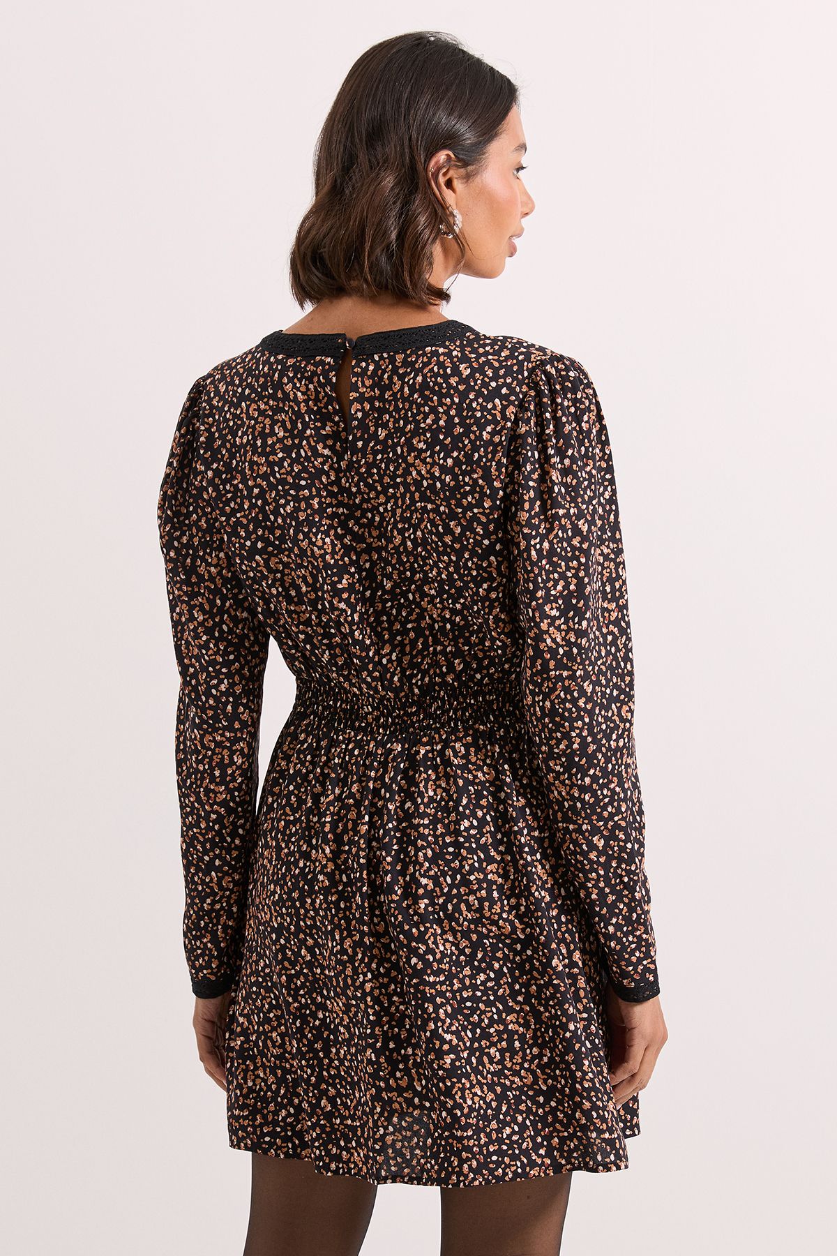 Dorothy Perkins Black Animal Lace Trim Long Sleeve Printed Mini Dress Black image 3