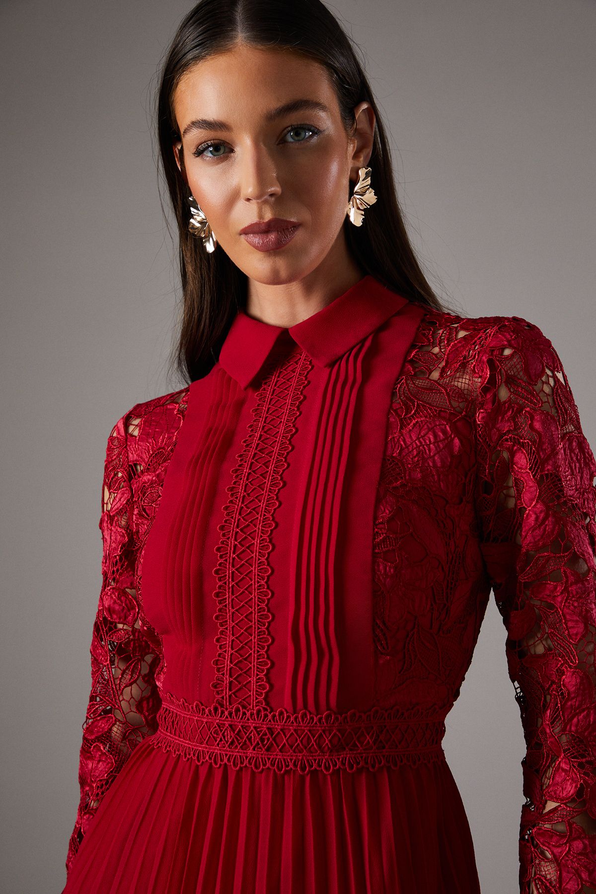 Coast Long Sleeve Lace and Pleated Midi Shirt Dress Red image 4