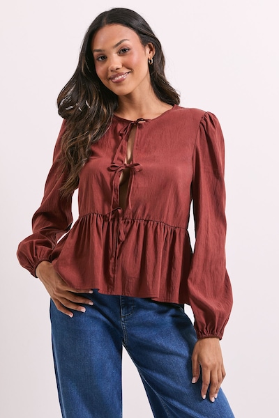Dorothy Perkins Tie Front Long Sleeve Blouse Burgundy