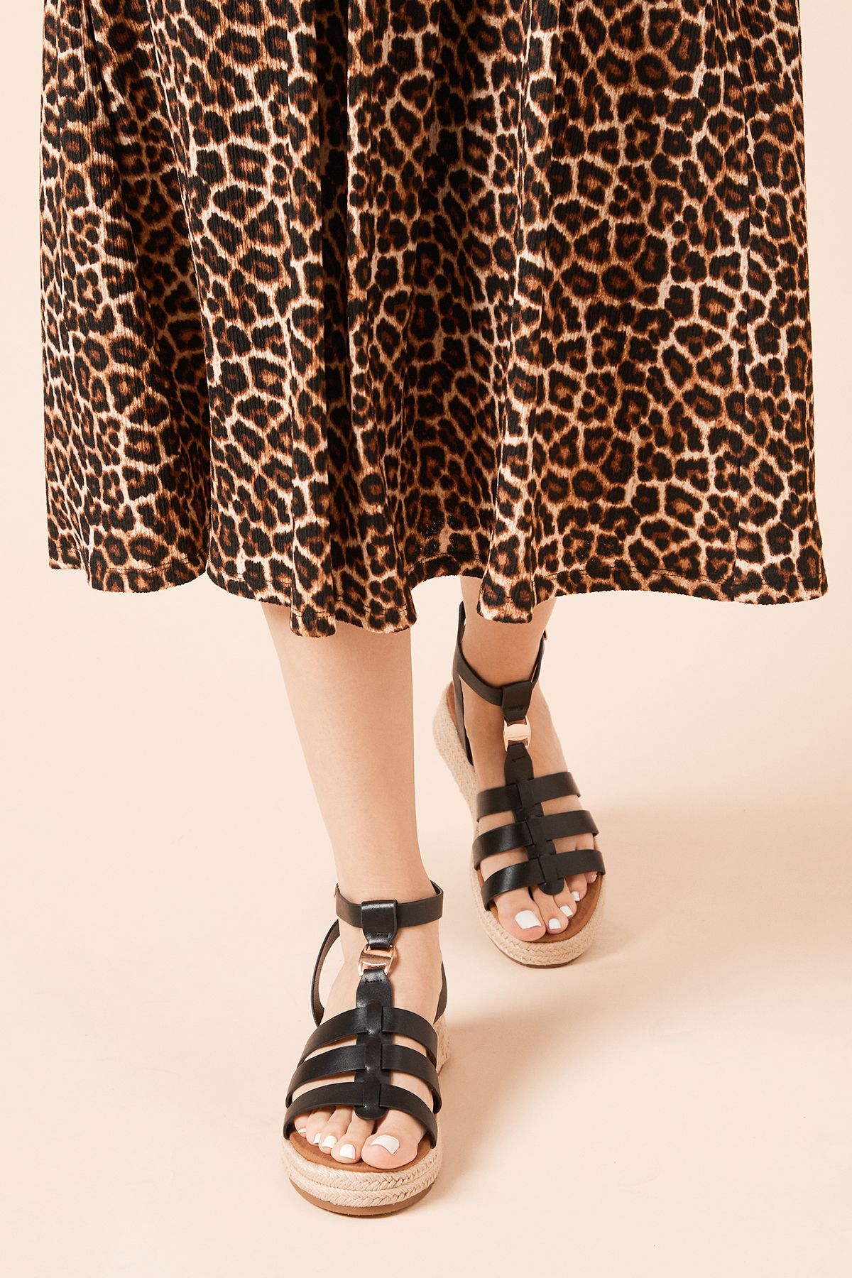 Dorothy Perkins Rover Faux Leather T-bar Espadrille Medium Wedge Sandals Black image 3