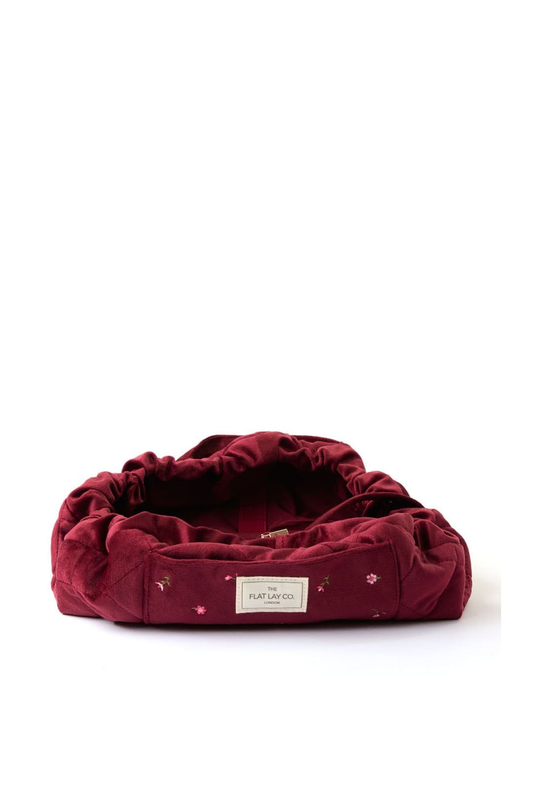 The Flat Lay Co Drawstring Makeup Bag - Ditsy Roses & Flowers Burgundy Embroidered Velvet Multi image 4