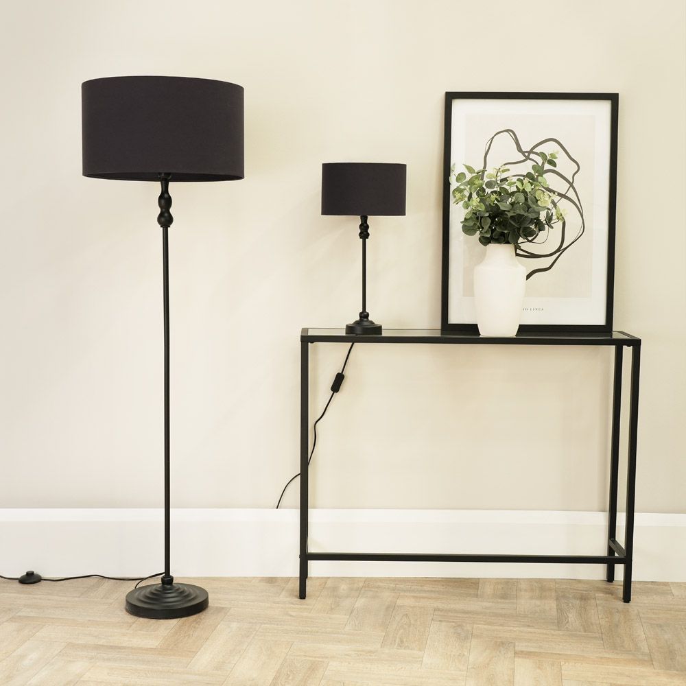 ValueLights Maggie Black Metal Candlestick Table Lamp with Fabric Drum Shade and LED Bulb image 4