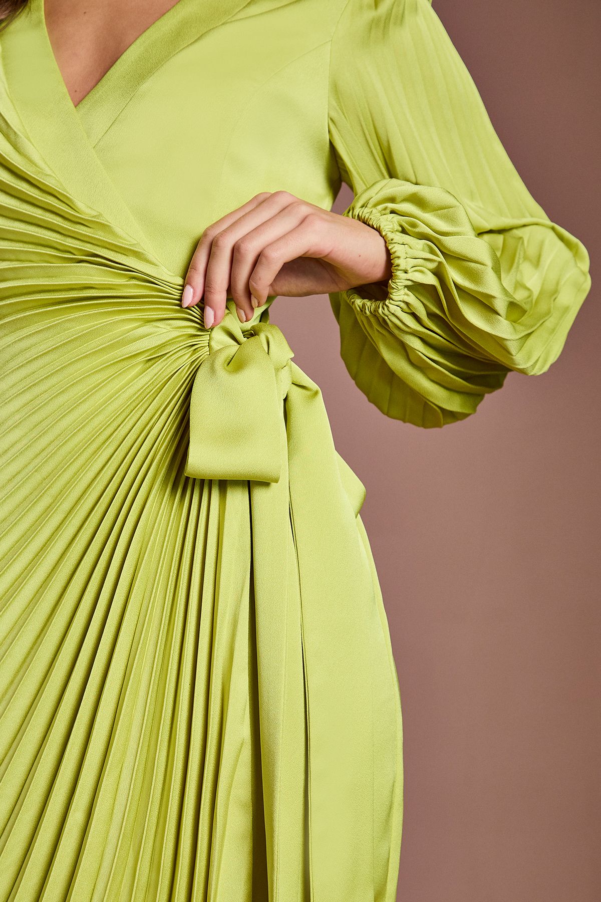 Coast Satin Pleated Wrap Dress Lime image 4