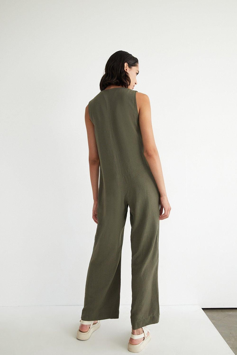 Warehouse Topstitch Zip Jumpsuit Khaki image 3