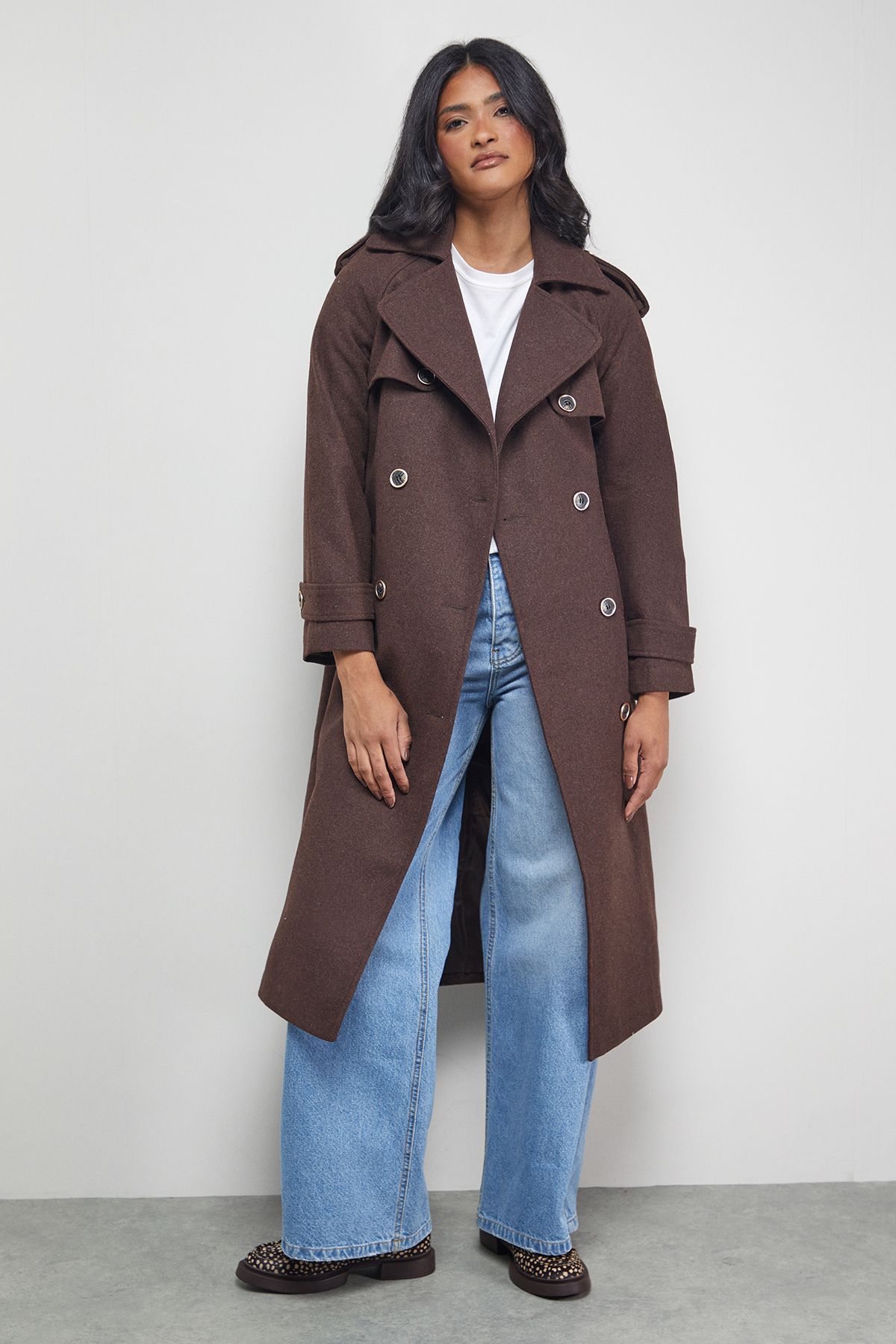 Warehouse Wool Mix Belted Trench Coat Chocolate