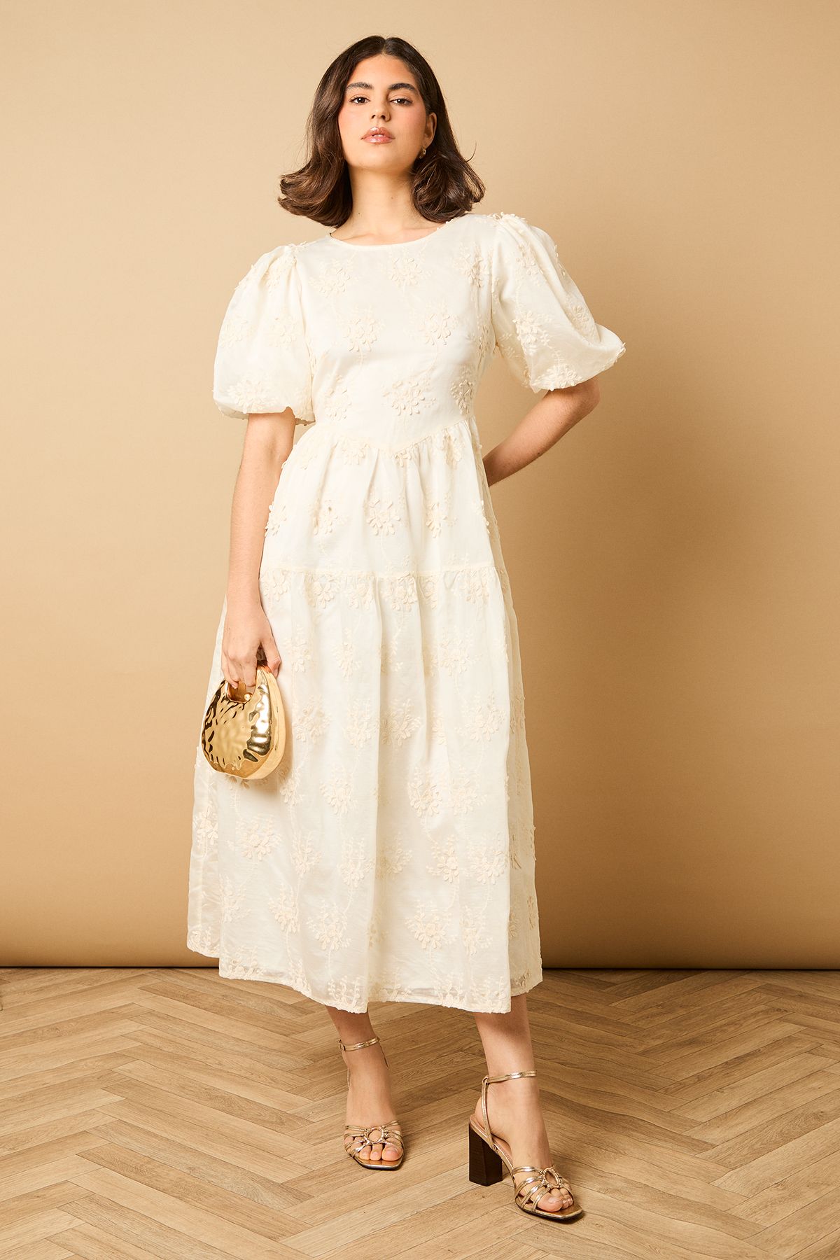 Oasis Floral Embroidered Puff Sleeve Midi Dress Ivory image 1