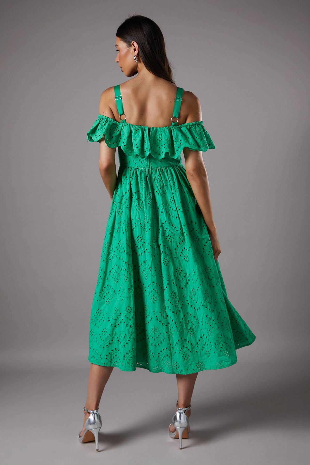 Coast Strappy Cold Shoulder Broderie Frill Midi Dress Green image 3
