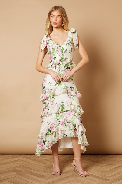Oasis Floral Printed Tiered Ruffle Tie Shoulder Midi Dress Ivory