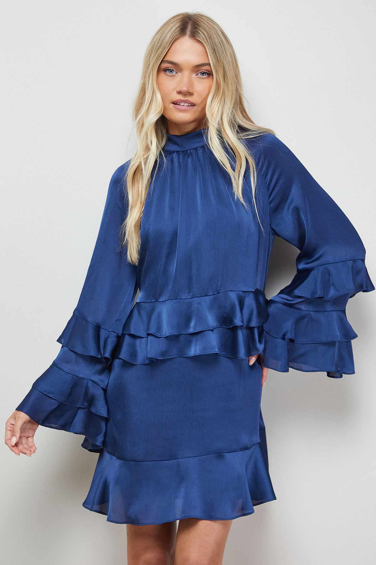 Oasis Layered Ruffle Sleeve Bow Back Mini Dress Navy image 4