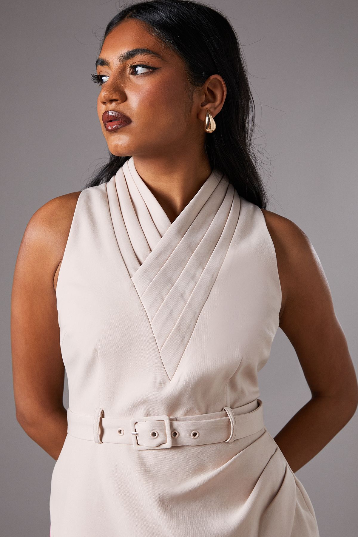 Coast Petite Pleated Skirt V Neck Sleeveless Midi Dress Ecru image 3