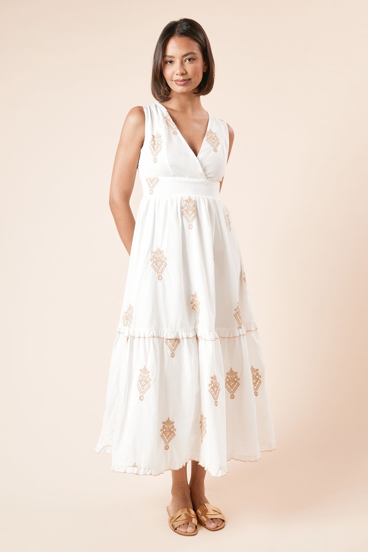 Dorothy Perkins Embroidered Tie Back Strappy Midi Dress Taupe