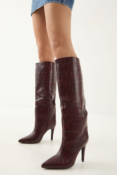 MissPap Faux Croc Print Leather Pointed High Stiletto Knee Boots Burgundy