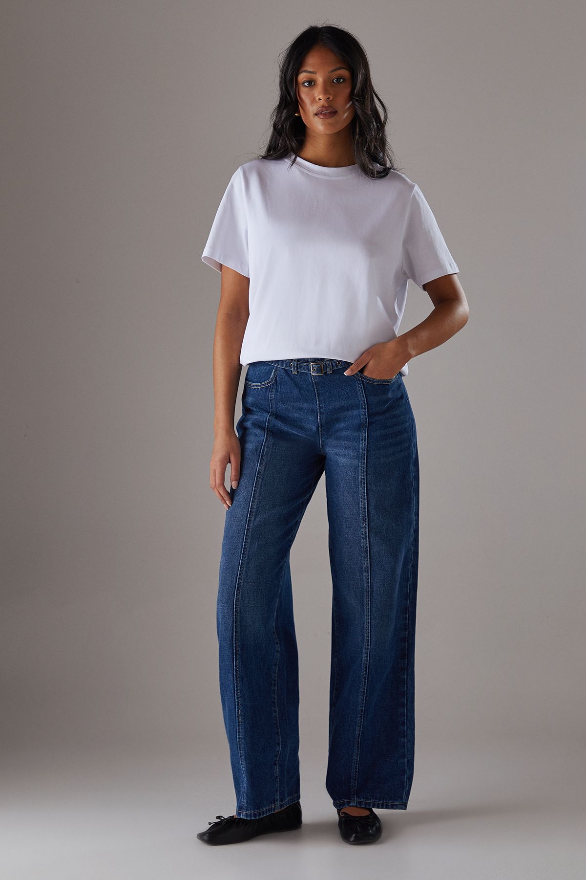 Warehouse Denim Low Rise Seam Detail Belted Wide Leg Jean Mid Wash image 1