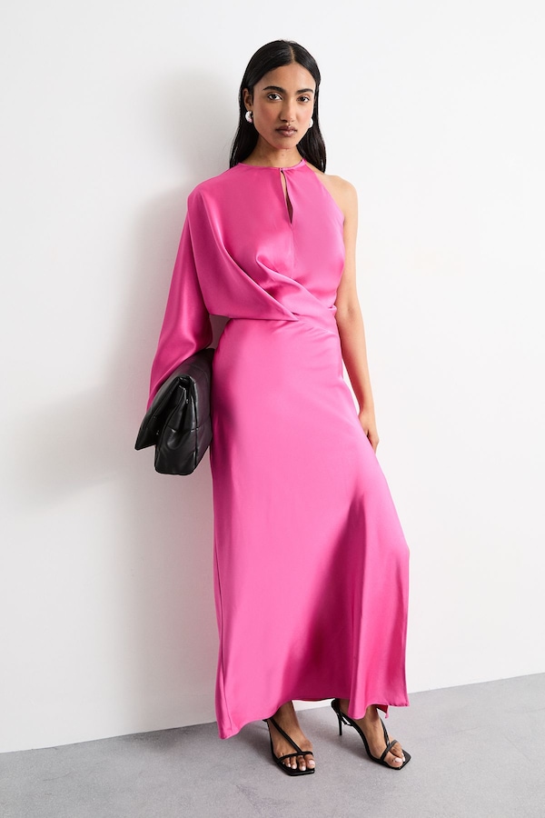Warehouse One Shoulder Twist Front Keyhole Satin Maxi Dress Pink