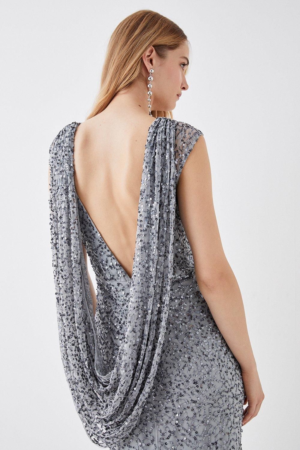 Coast Draped Cowl Back Sequin Black Tie Maxi Dress Silver Grey image 3