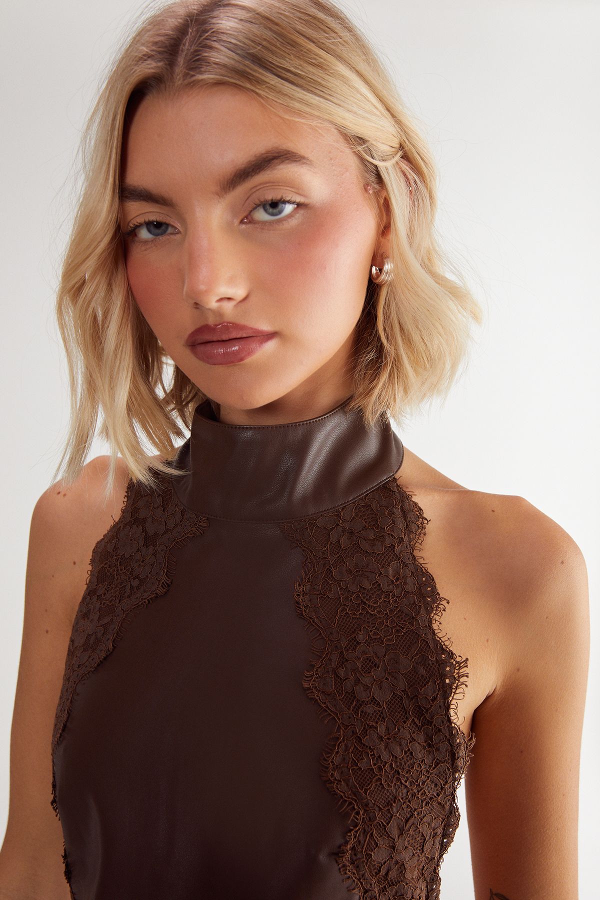 NastyGal Eyelash Lace Trim Faux Leather Halter Dress Chocolate image 3